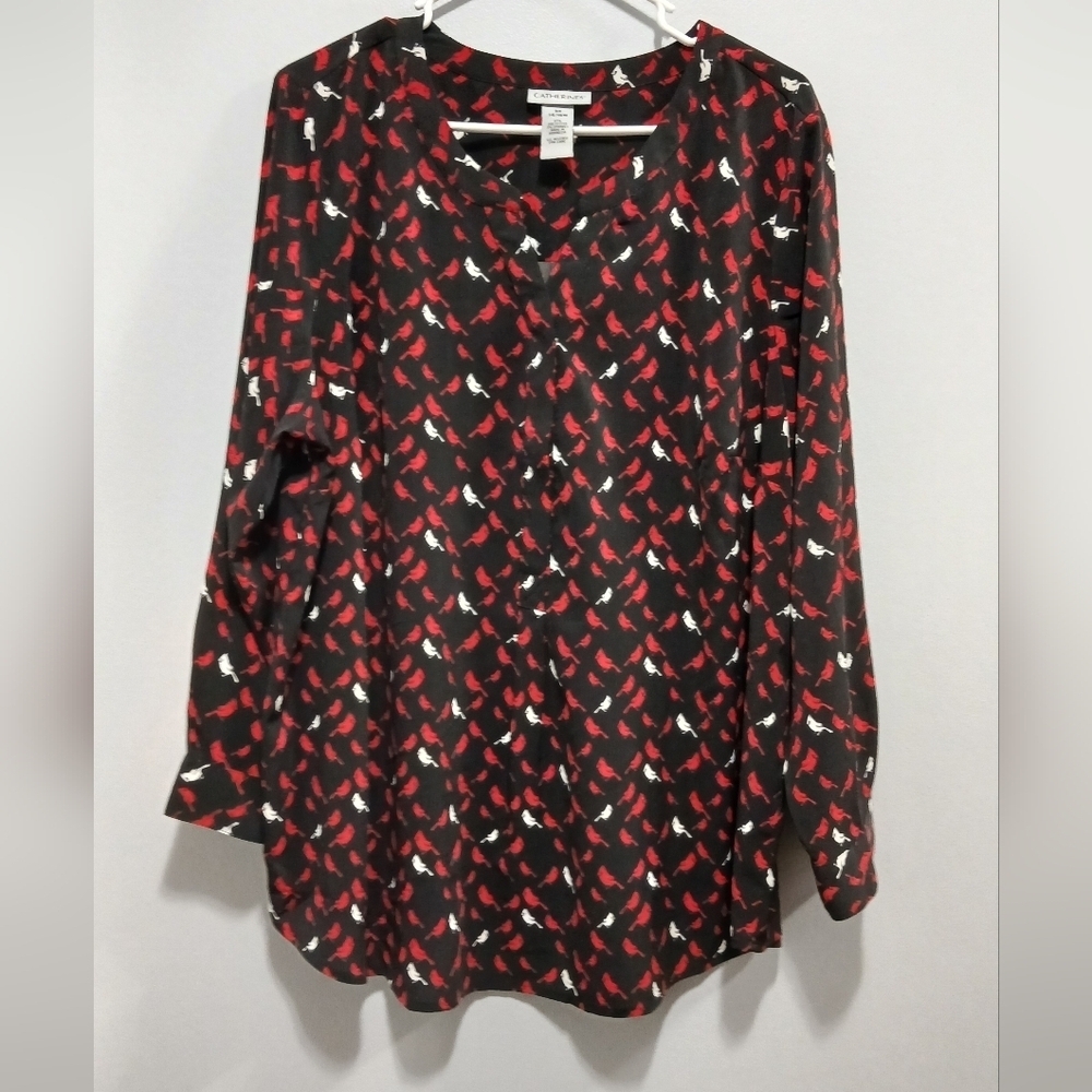 Catherine's Cardinal Print Long Sleeve Blouse Womens XL Office Casual Plus - Picture 1 of 5